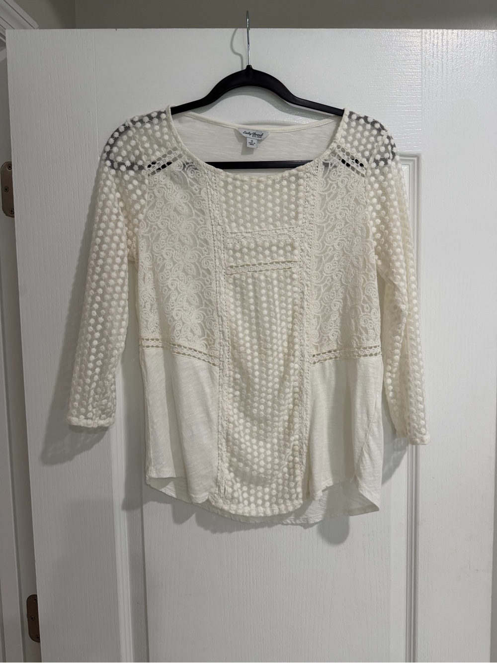 Lucky Brand Ivory Lace & Swiss Dot Peasant Top